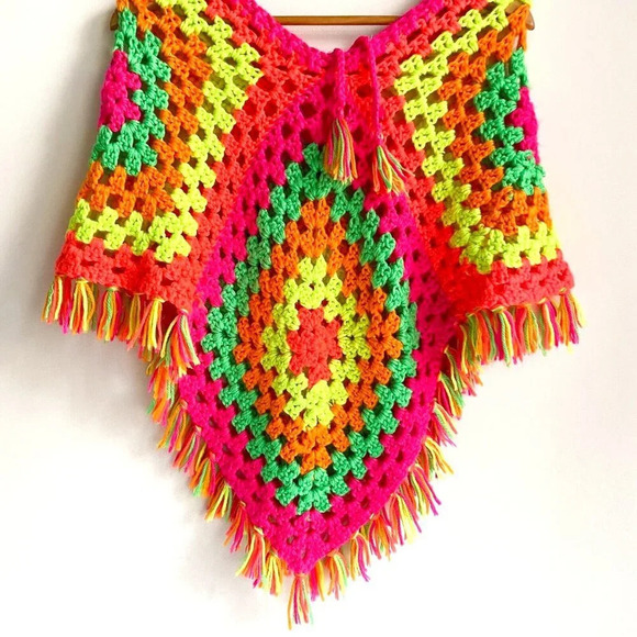 Vintage  Handmade Colourful Neon Colours Festival Poncho - Picture 3 of 5